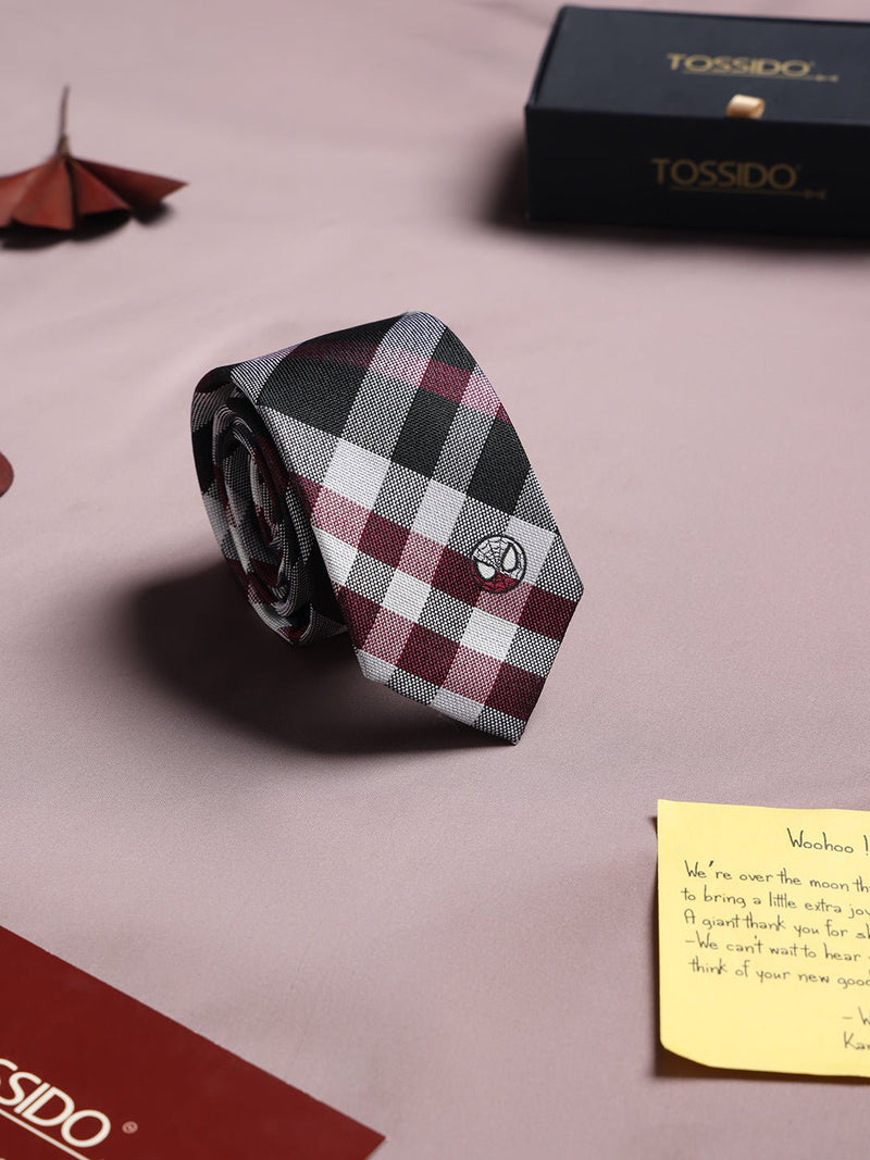 Black & Maroon Plaid Woven Silk Skinny Necktie - TOSSIDO