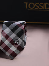 Black & Maroon Plaid Woven Silk Skinny Necktie - TOSSIDO