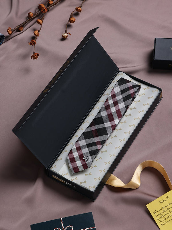 Black & Maroon Plaid Woven Silk Skinny Necktie - TOSSIDO