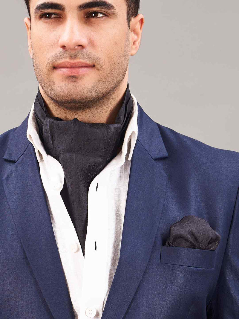 Black Paisley Woven Ascot & Pocket Square - TOSSIDO