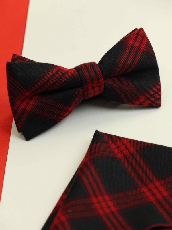 Black & Red Check Bowtie & Pocket Square Set - TOSSIDO