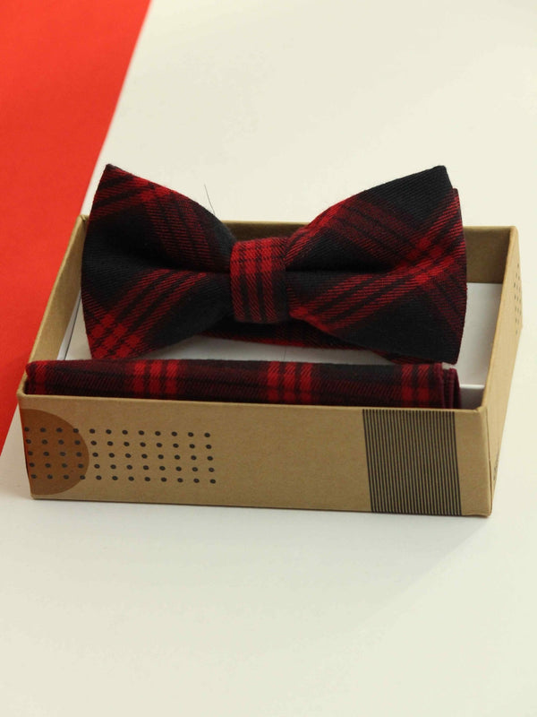 Black & Red Check Bowtie & Pocket Square Set - TOSSIDO