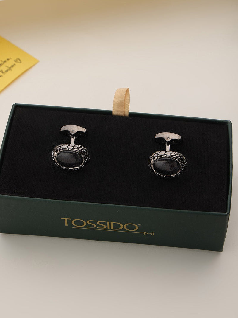 Black Snake Eye Stone Cufflinks - TOSSIDO