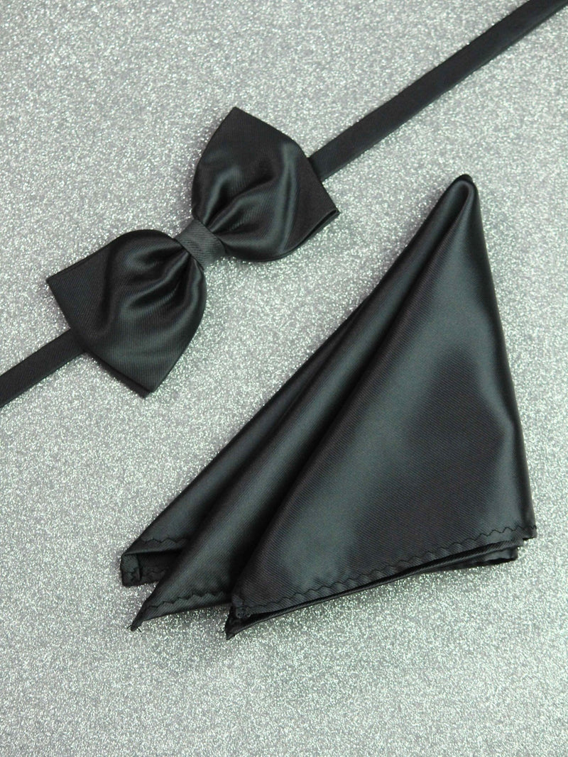 Black Solid Bowtie & Pocket Square Set - TOSSIDO