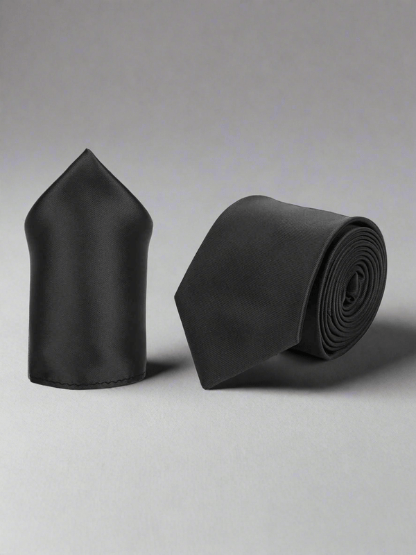 Black Solid Necktie & Pocket Square - TOSSIDO