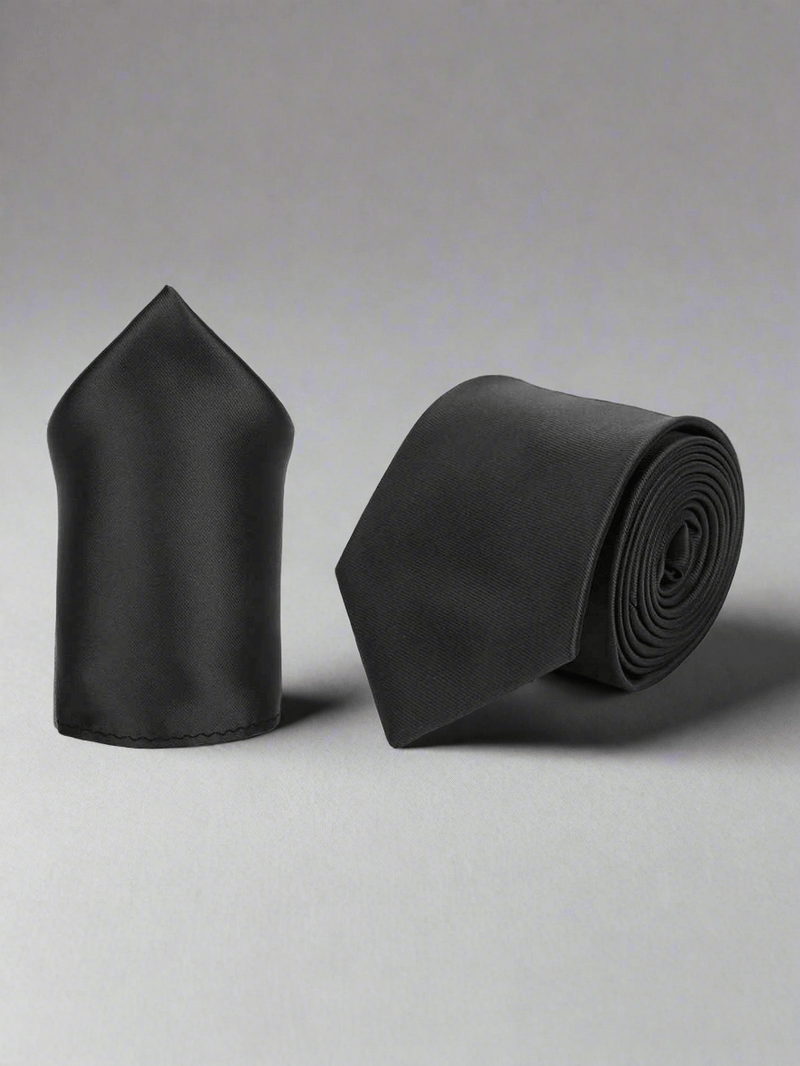 Black Solid Necktie & Pocket Square - TOSSIDO
