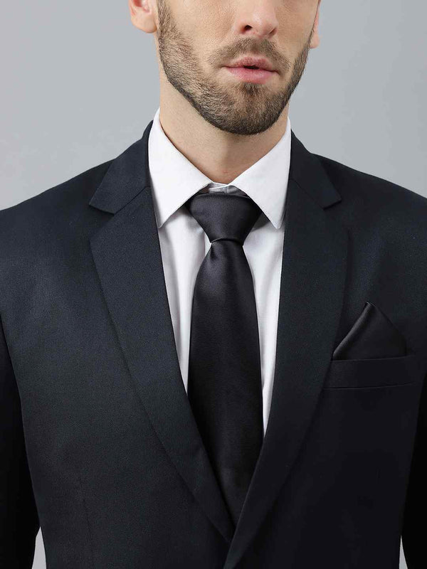Black Solid Necktie & Pocket Square - TOSSIDO
