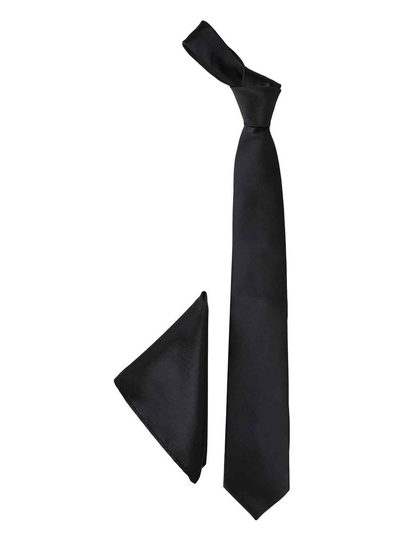 Black Solid Necktie & Pocket Square - TOSSIDO