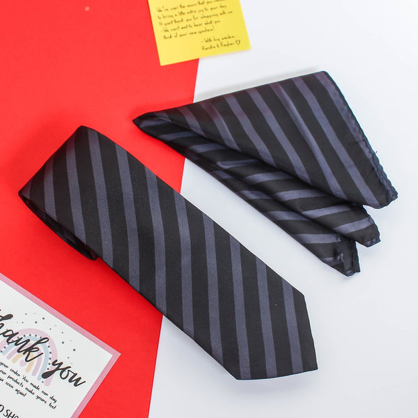 Black Stripe Necktie & Pocket Square Giftset - TOSSIDO