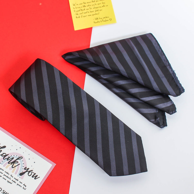 Black Stripe Necktie & Pocket Square Giftset - TOSSIDO