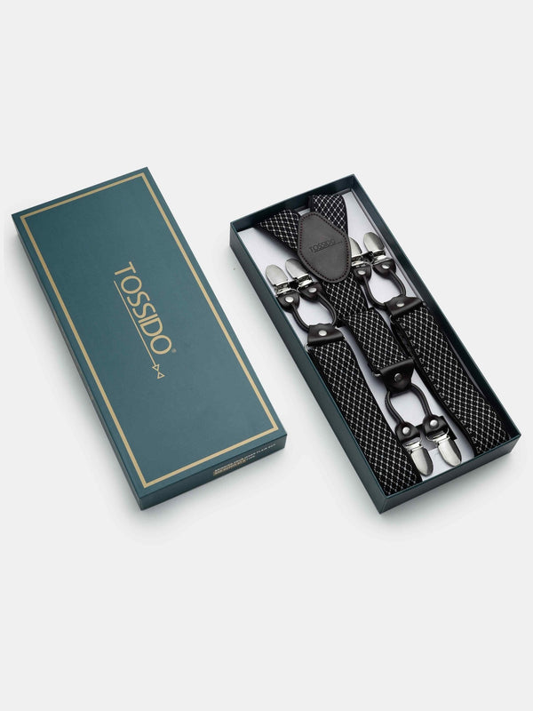 Black & White Checkered Elastic Suspender with Vegan Leather Patch - TOSSIDO