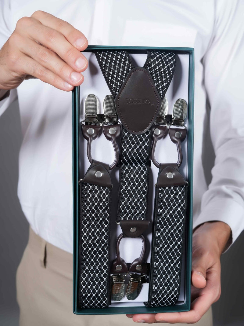 Black & White Checkered Elastic Suspender with Vegan Leather Patch - TOSSIDO