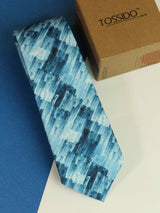 Blue abstract necktie in printed microfiber, close-up