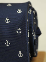 Blue anchor necktie in woven microfiber, tied view