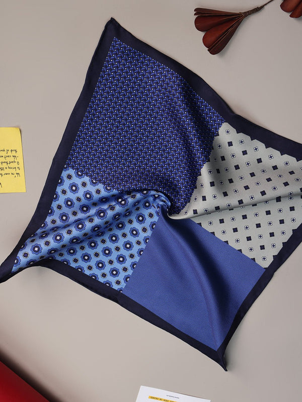 Blue & Beige Multipattern Silk Pocket Square - TOSSIDO