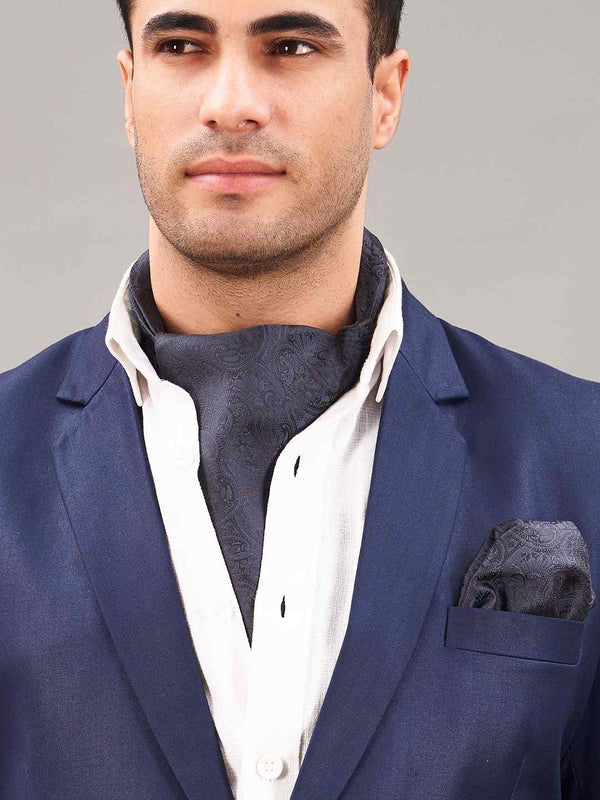 Blue & Black Paisley Woven Ascot & Pocket Square - TOSSIDO