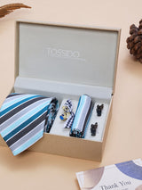 Blue & Black Striped Necktie Pocket Square Brooch & Cufflinks Giftset
