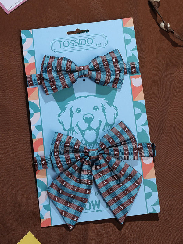 Blue & Brown Check Bowtie Set for Men and Dogs - TOSSIDO
