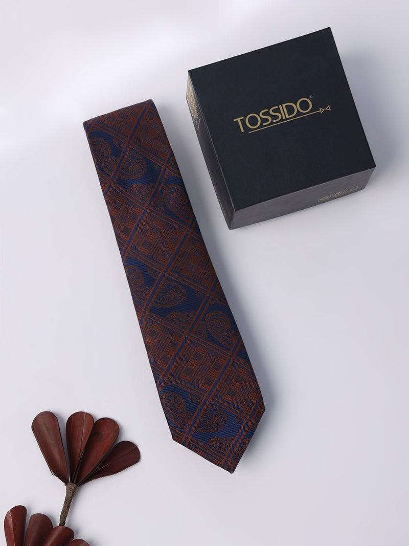 Blue & Brown Check Skinny Necktie - TOSSIDO