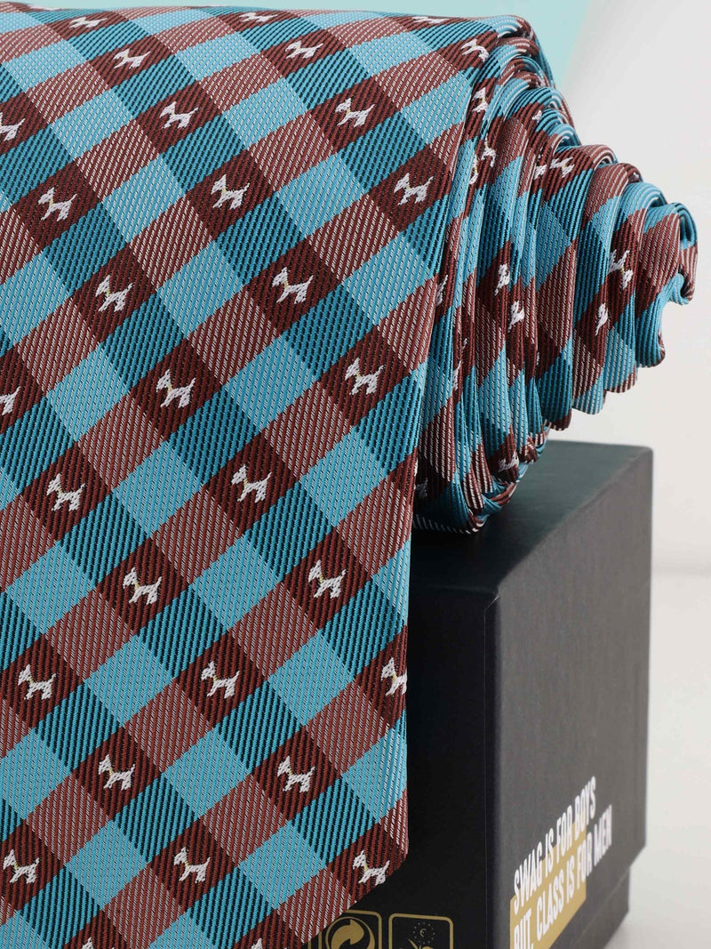 Blue & Brown Check Woven Necktie - TOSSIDO
