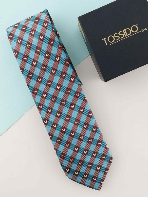 Blue & Brown Check Woven Necktie - TOSSIDO