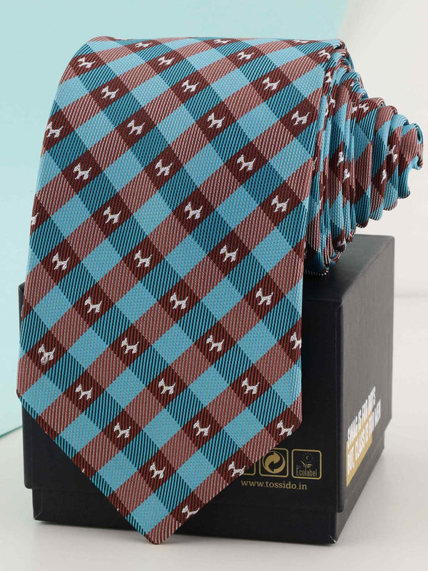 Blue & Brown Check Woven Necktie - TOSSIDO