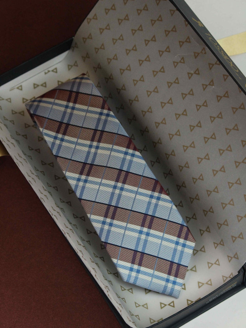 Blue & Brown Check Woven Silk Necktie - TOSSIDO