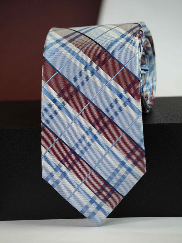 Blue & Brown Check Woven Silk Necktie - TOSSIDO