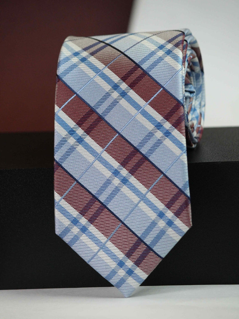 Blue & Brown Check Woven Silk Necktie - TOSSIDO