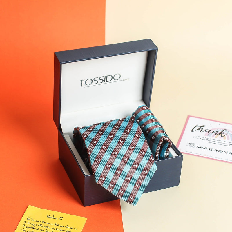 Blue Check Necktie & Pocket Square Giftset - TOSSIDO