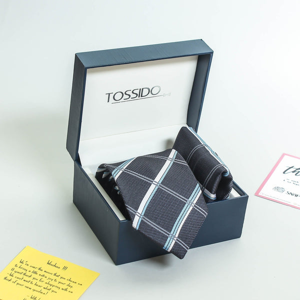 Blue Check Necktie & Pocket Square Giftset - TOSSIDO
