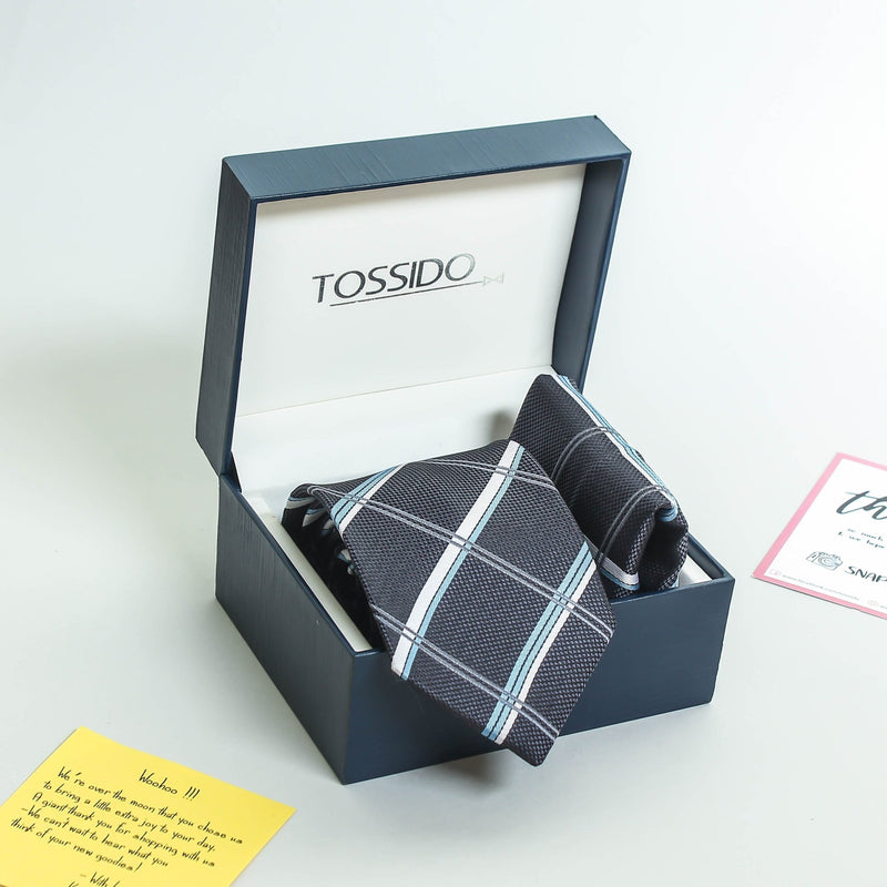 Blue Check Necktie & Pocket Square Giftset - TOSSIDO