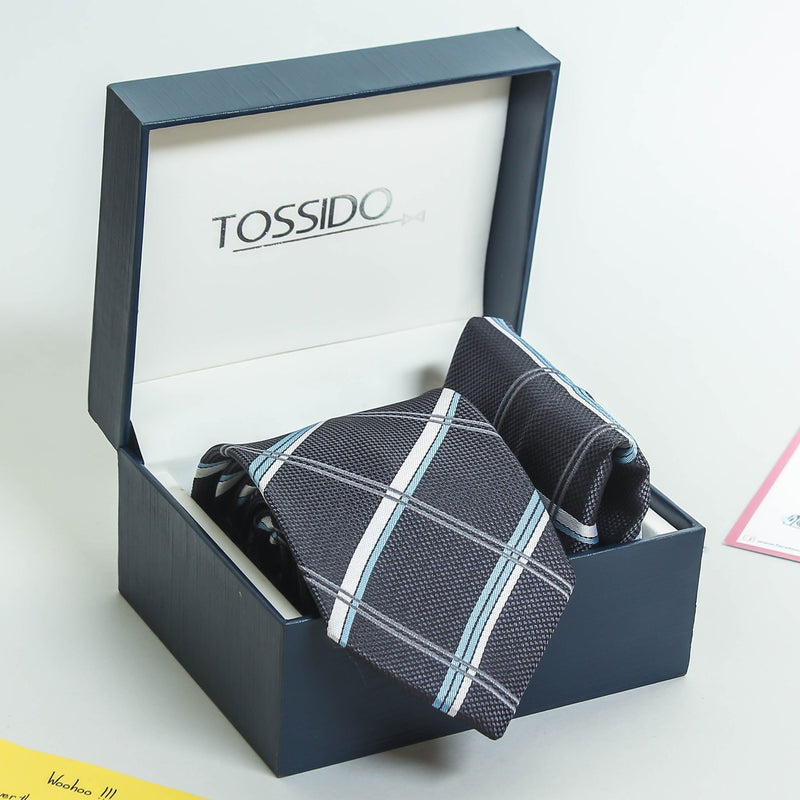 Blue Check Necktie & Pocket Square Giftset - TOSSIDO