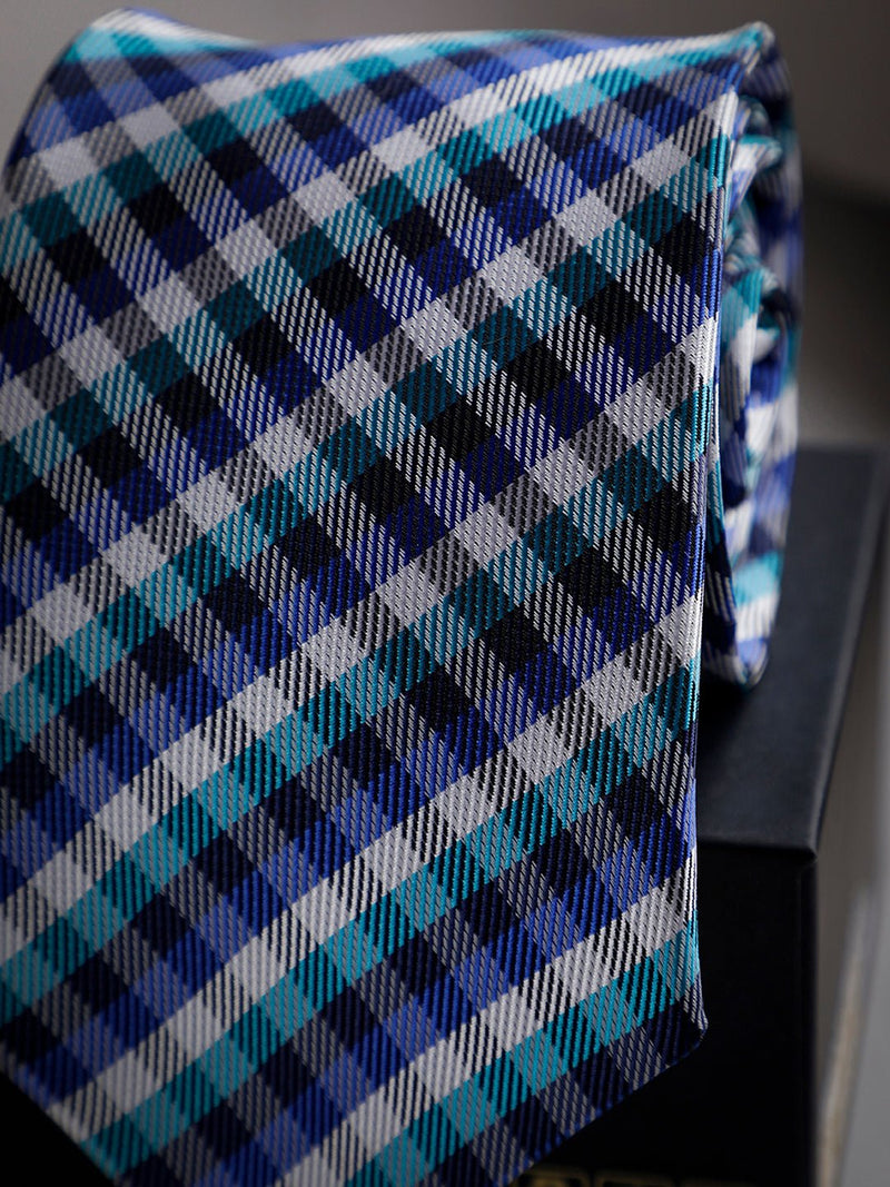 Blue Check Woven Long Necktie - TOSSIDO