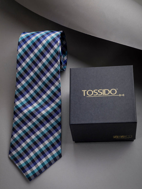Blue Check Woven Long Necktie - TOSSIDO
