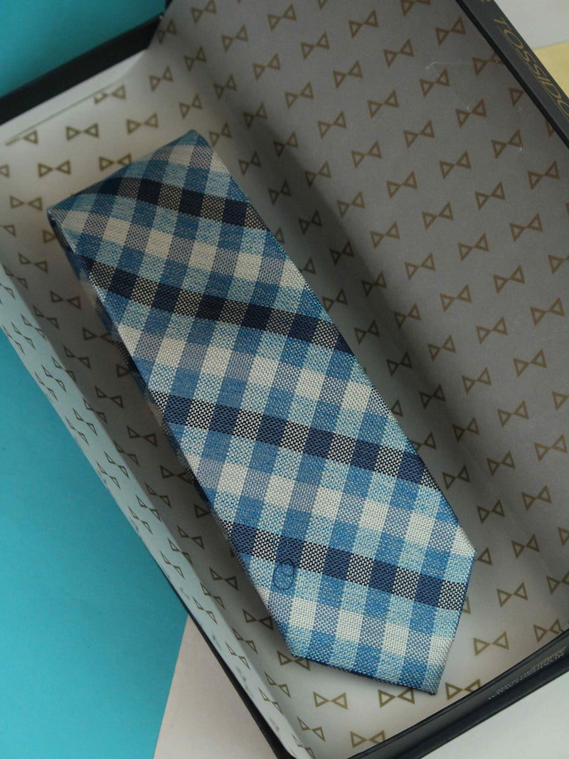 Blue Check Woven Silk Necktie - TOSSIDO