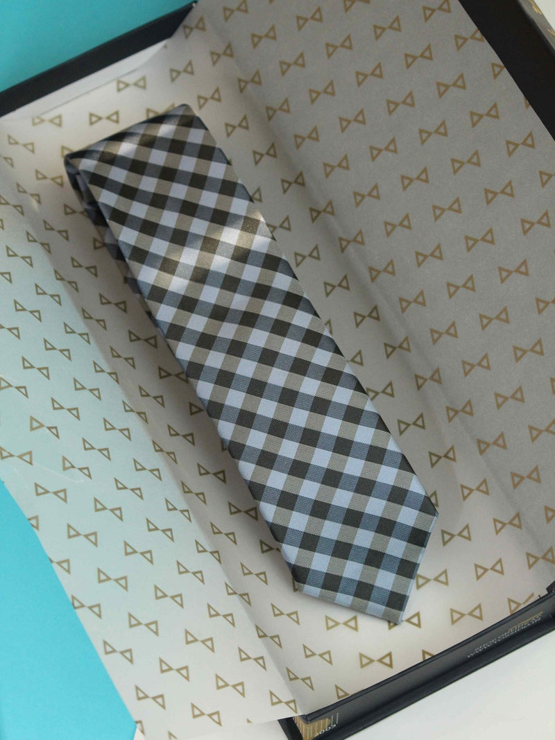 Blue Check Woven Silk Skinny Necktie - TOSSIDO