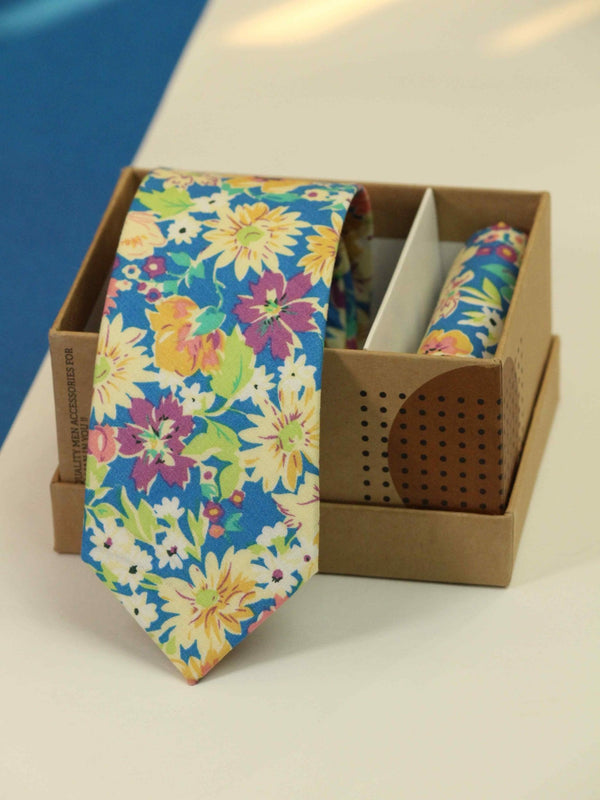 Blue Floral Necktie & Pocket Square Giftset - TOSSIDO