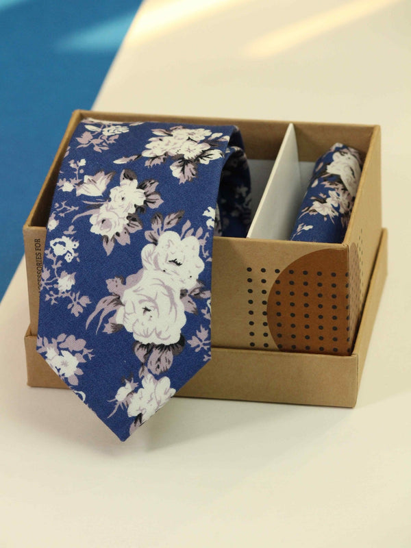 Blue Floral Necktie & Pocket Square Giftset - TOSSIDO