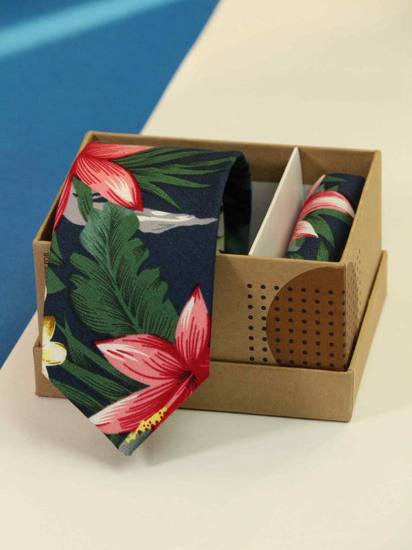 Blue Floral Necktie & Pocket Square Giftset - TOSSIDO