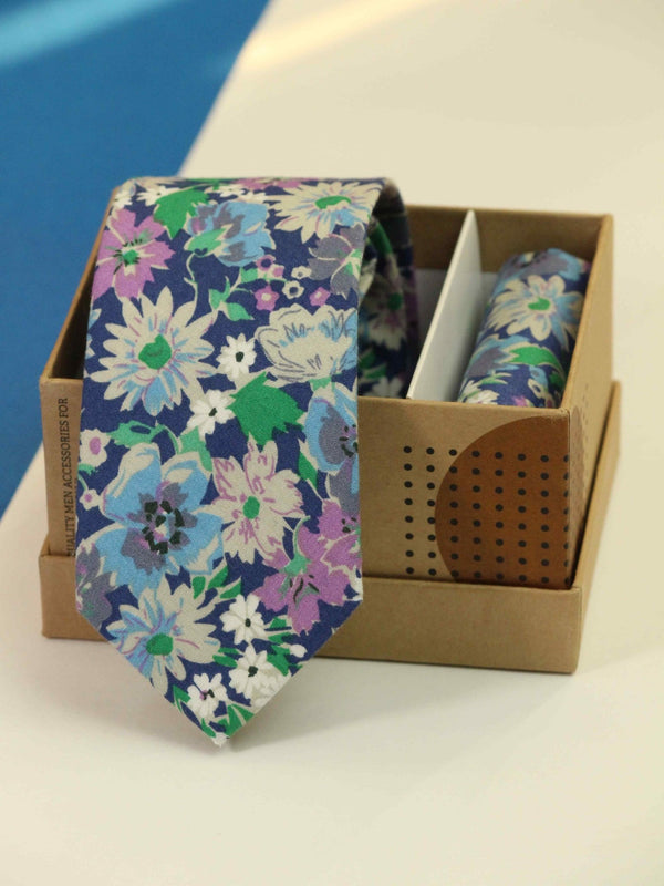 Blue Floral Necktie & Pocket Square Giftset - TOSSIDO