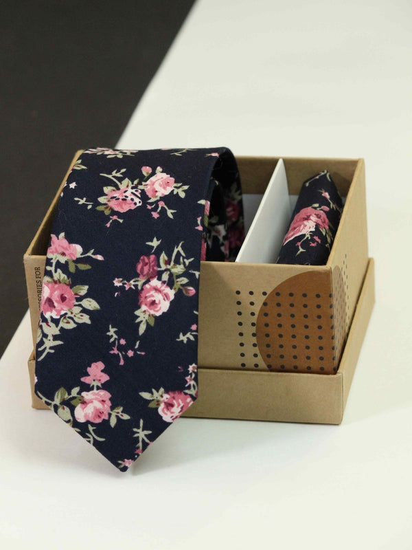 Blue Floral Necktie & Pocket Square Giftset - TOSSIDO