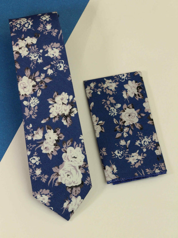 Blue Floral Necktie & Pocket Square Giftset - TOSSIDO