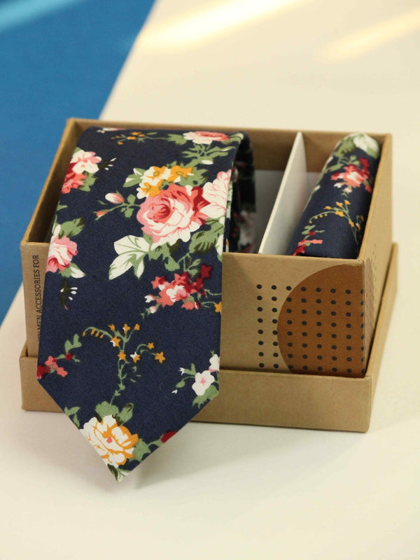 Blue Floral Necktie & Pocket Square Giftset - TOSSIDO