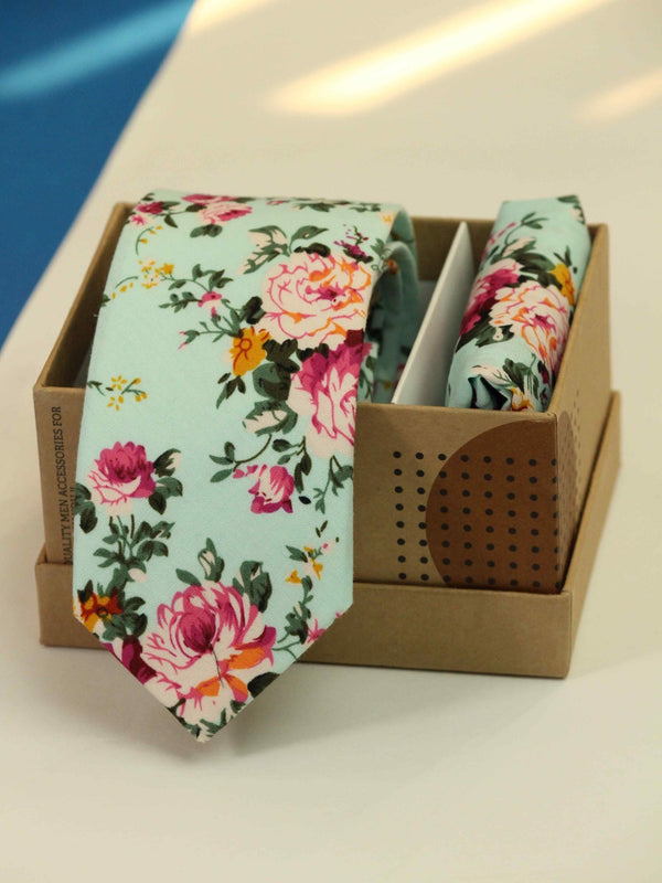 Blue Floral Necktie & Pocket Square Giftset - TOSSIDO