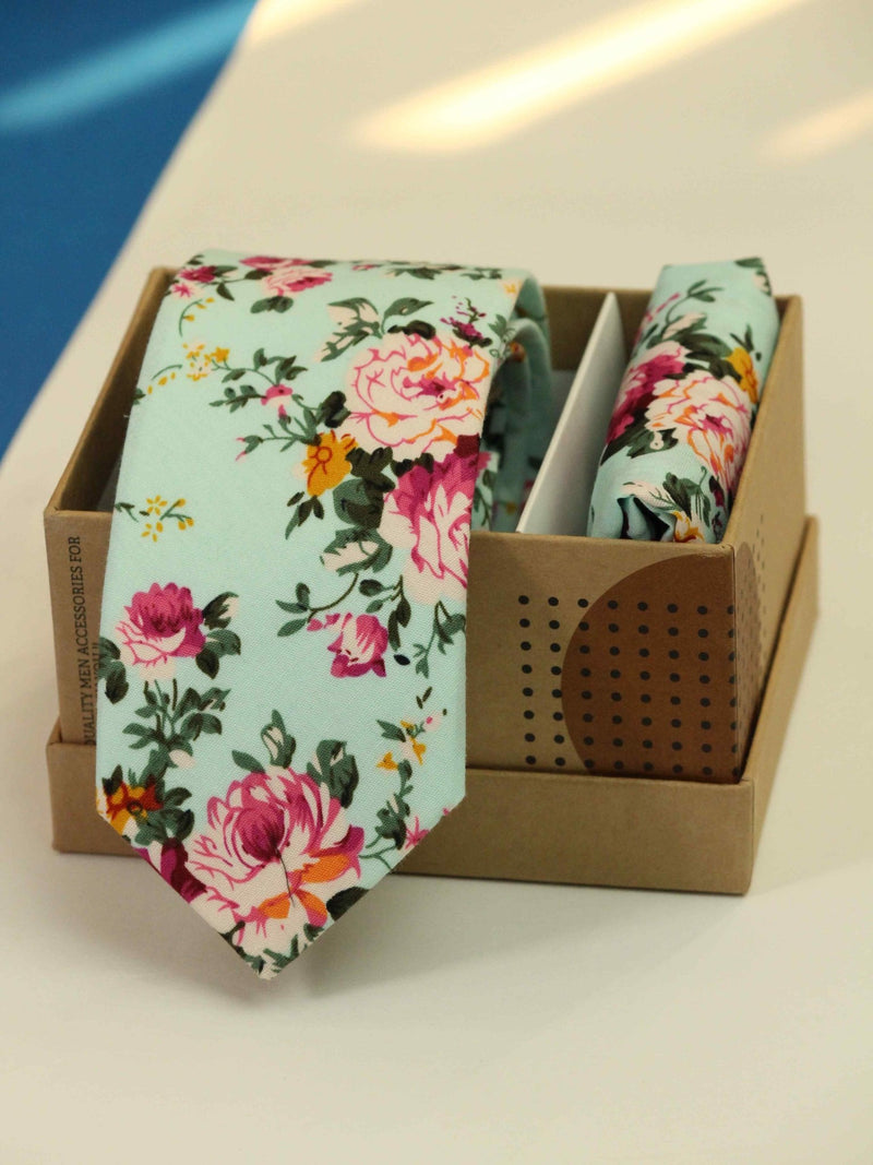 Blue Floral Necktie & Pocket Square Giftset - TOSSIDO