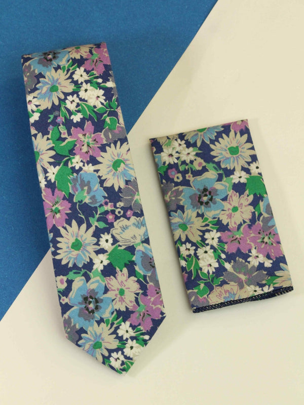 Blue Floral Necktie & Pocket Square Giftset - TOSSIDO