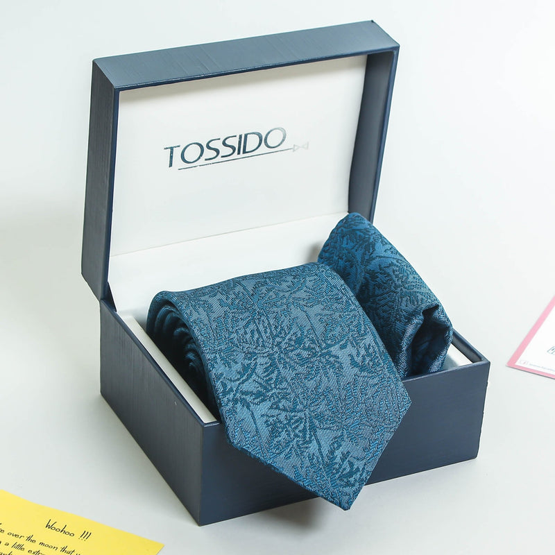 Blue Floral Necktie & Pocket Square Giftset - TOSSIDO