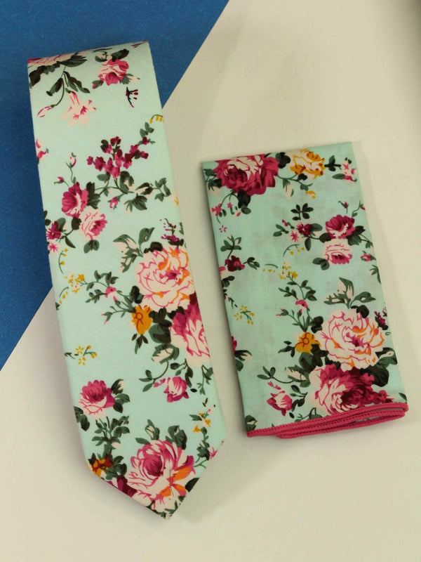 Blue Floral Necktie & Pocket Square Giftset - TOSSIDO