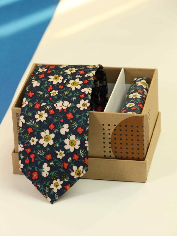 Blue Floral Necktie & Pocket Square Giftset - TOSSIDO